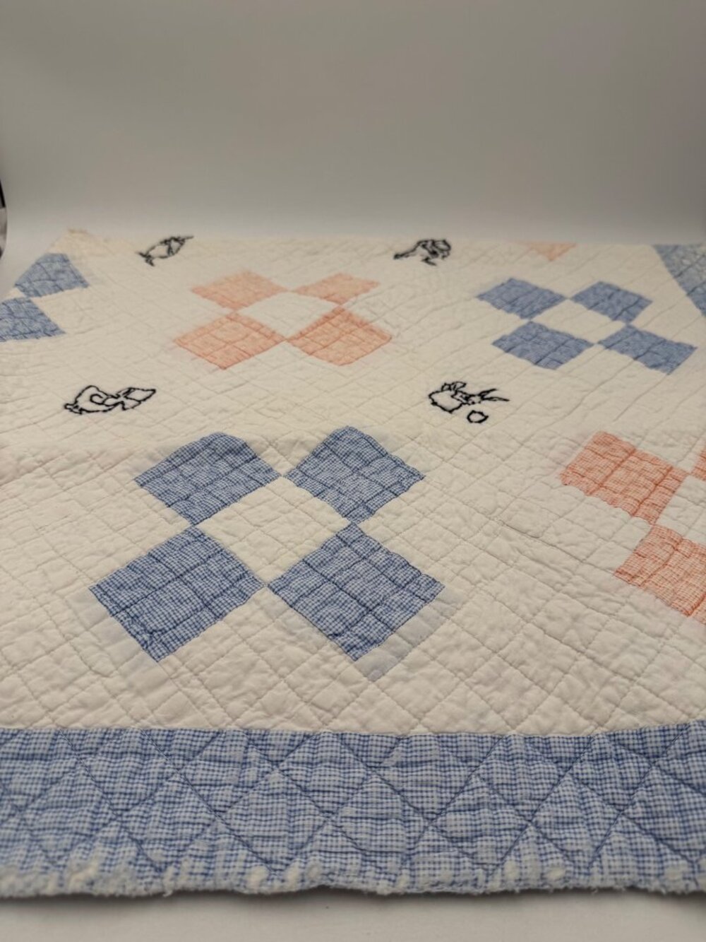 Handmade Vintage Quilt Blue Peach Gingham Squares Embroidered Farm Animal Motifs